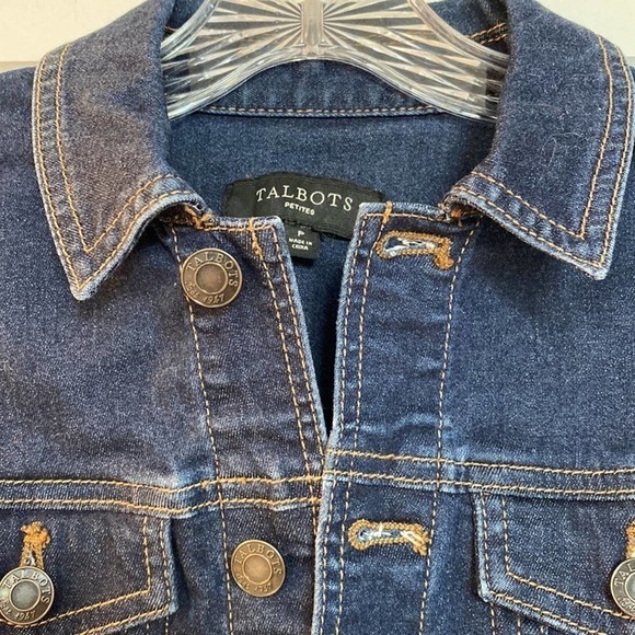 Talbots Jean denim jacket front pockets metal buttons banded bottom size P
C b - Picture 4 of 15